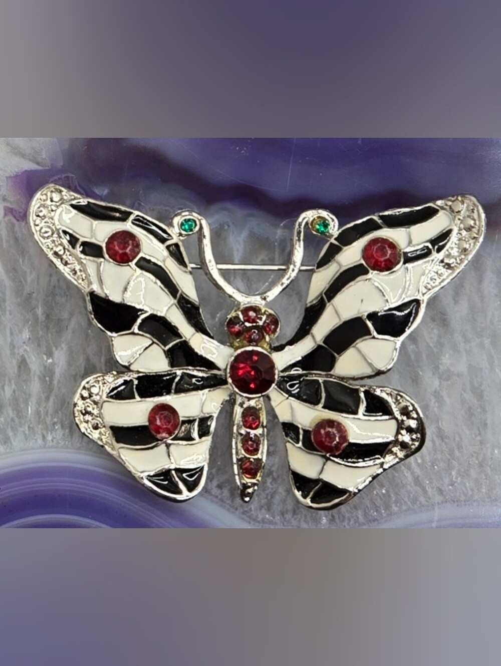 Butterfly Brooch w/ Black & White Enamel & Red Acrylic "Stones"